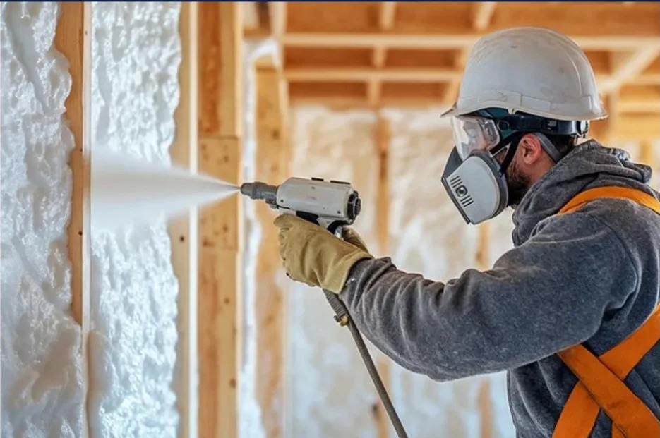 Technician spraying closed-cell foam insulation into a wall cavity